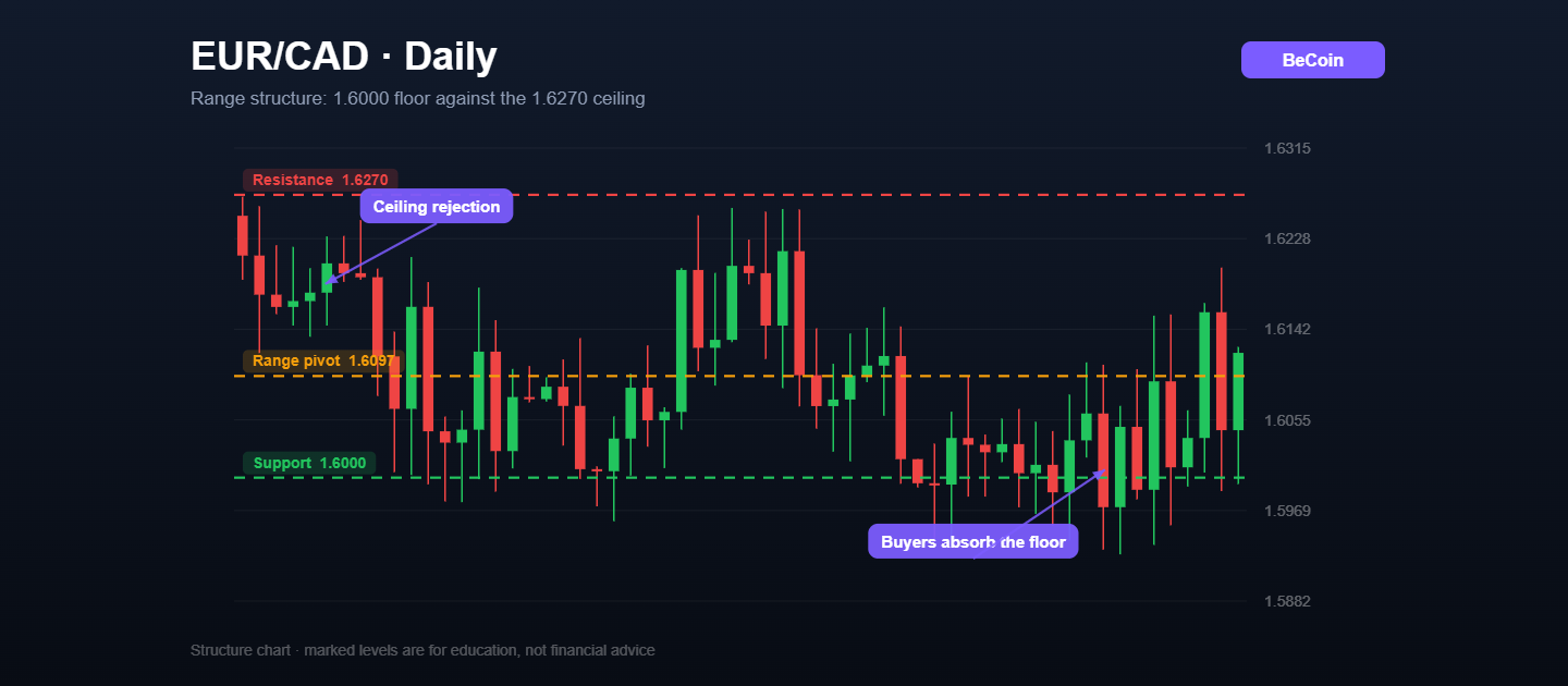 EUR/CAD daily candlestick chart marked with 1.6000 support, 1.6270 resistance and the 1.6097 pivot