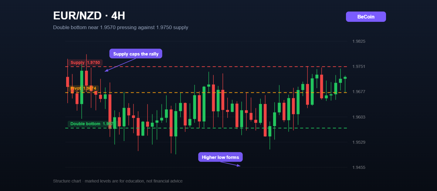 EUR/NZD four hour candlestick chart marked with the 1.9570 double bottom, 1.9674 pivot and 1.9750 resistance